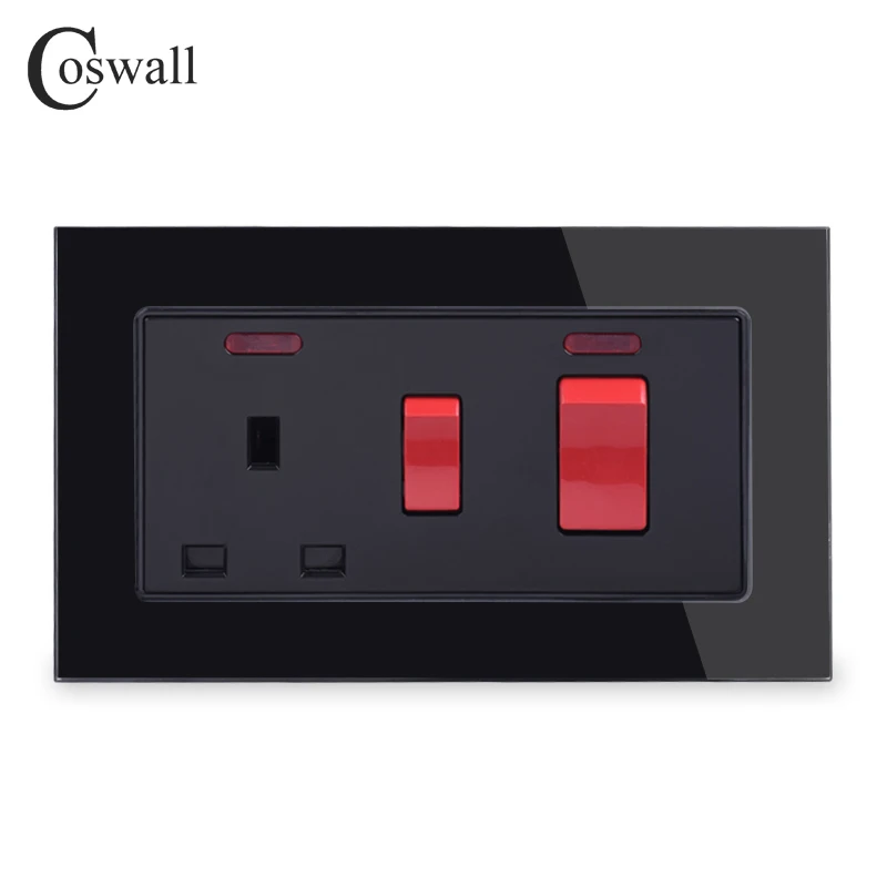 Фото Настенный переключатель COSWALL 45A DP + розетка стандарта Великобритании 13A BS с неоновым закаленным стеклом 3x6 размеров, черная панель из закален... №1