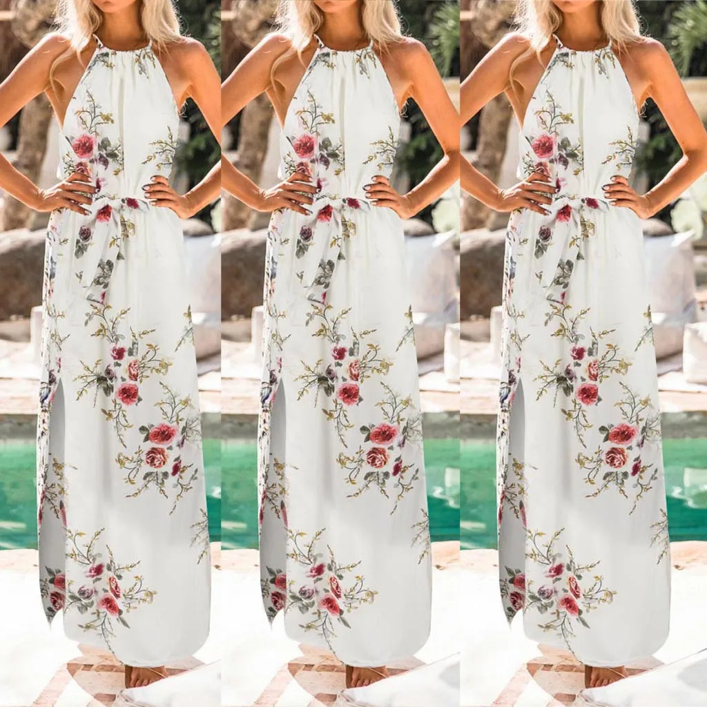 Vestidos de verano модное женское платье с цветочным принтом в стиле бохо, длинное платье макси без рукавов для вечеринки, летнее пляжное платье W619