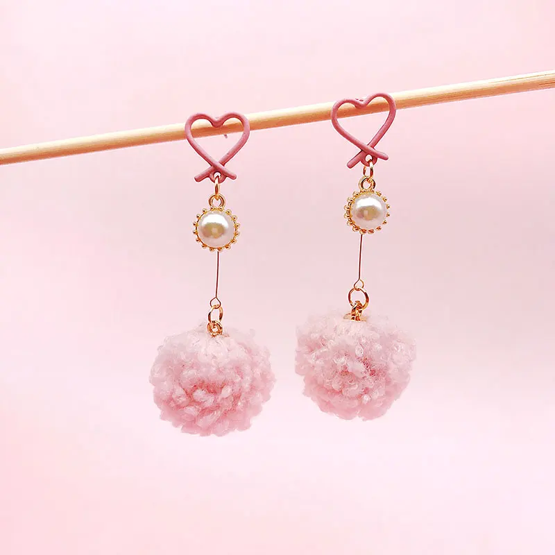 Sweet Spray Paint Colorful Heart PomPom Drop Earrings Brincos For Women Handmade Soft Ball Dangle Jewelry Party pendientes | Украшения и