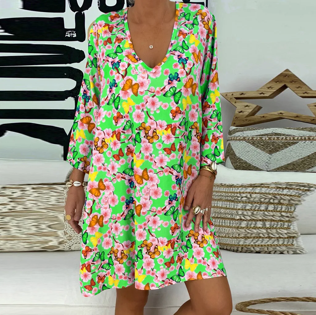Vestidos Plus Size Dress Ladies V-neck Dresses Women's Loose Print Three Quarter Sleeve Mini Casual Summer MMM | Женская одежда