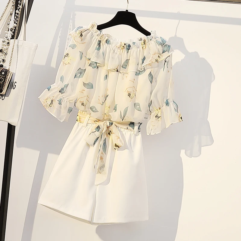 

Summer Chiffon Blouse + Shorts Sets Women's Temperament Slim Two Piece Set Women Large Size Chiffon Shirts Set Ladies Shorts Set