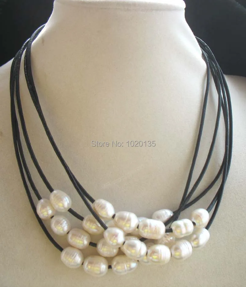 

5strands freshwater pearl white/gray/black egg and black line necklace nature 18" FPPJ