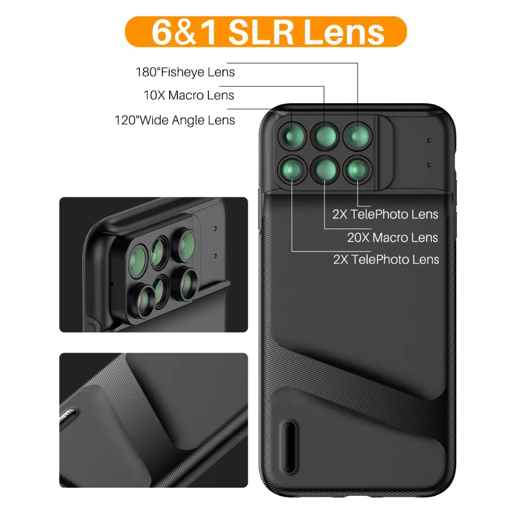 Объектив PHOLES 6 в 1 SLR для iPhone XS/XS Max 3 XR с чехлом телефона широкоугольный + макро рыбий