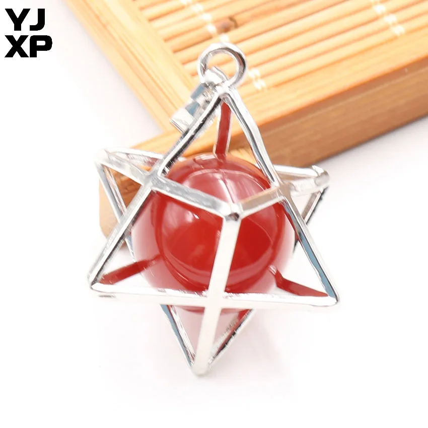 Red Onyx Quartzs 1 шт. Energy Merkaba кулон из натурального камня аметисты Розовый Кварц Круглые бусины рейки колье с целебным кулоном подвесные шармы Ювелирные украшения подарок - Окраска металла: Red Onyx Quartzs