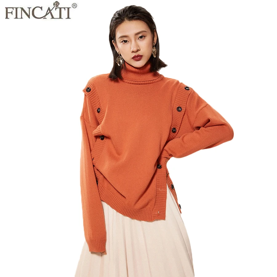 Women Sweater High End 100% Cashmere Long Sleeve Irregular Hem Buttons Side Warm Turtleneck Sweaters Pullover Jersey | Женская одежда