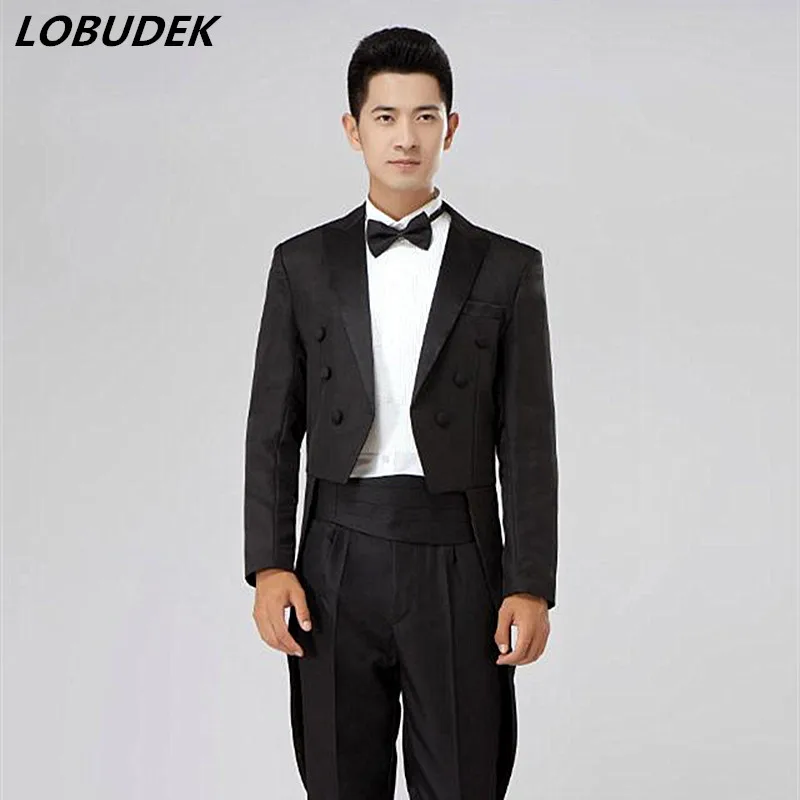 

Black White tuxedo Men's wedding suits bridegroom Dresses Prom Party Male Singer Teams Chorus Swallowtail Costume Stage Outfit