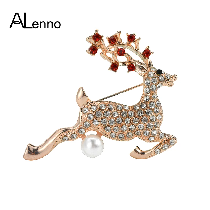 Red Crystal Christmas Deer Pins And Brooches For Women Metal Female Rhinestone Pearl Lapel Pin Suit Coats Scarf Jewelry Broche | Украшения