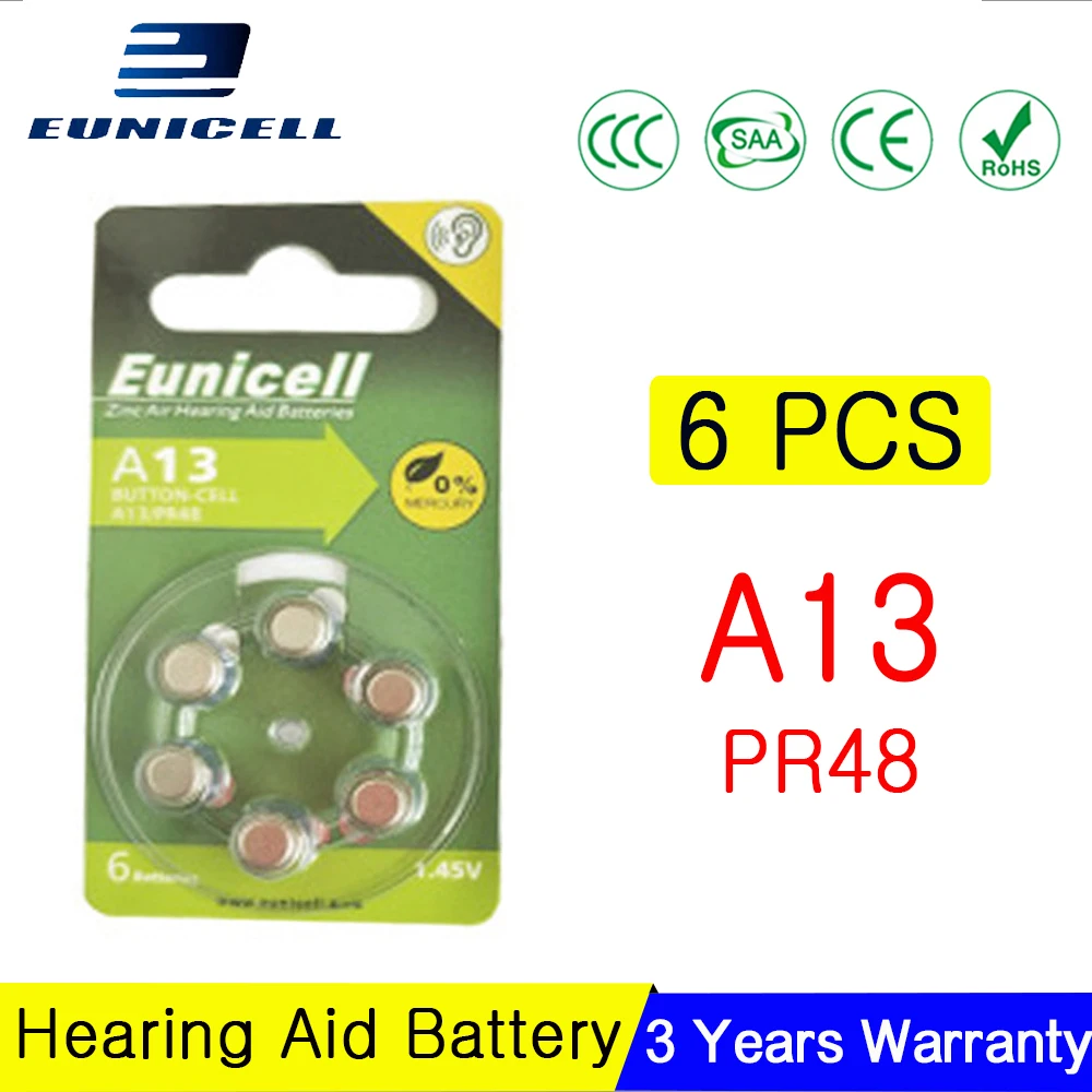 

6PCS EUNICELL NEW 300mAh Zinc Air Hearing Aid Batteries A13 13A 13 P13 PR48 Hearing Aid Battery Ear Care for BTE Hearing Aids