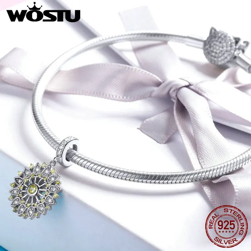 WOSTU роскошный 925 пробы Серебряный геометрический Шарм Желтый CZ бисер Подходит для оригинального браслета кулон для женщин 925 ювелирное изделие подарок FNC065