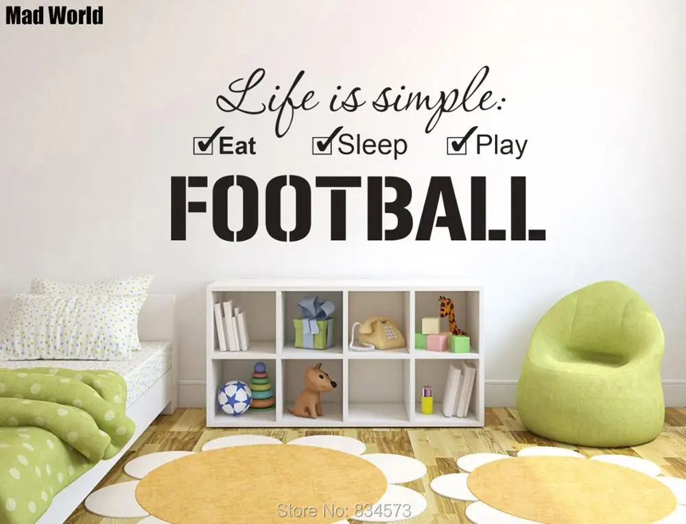 

Настенные стикеры Mad World-Life is simple Eat Sleep Play Football, настенные наклейки, украшения для дома «сделай сам», съемные декоративные наклейки на стену