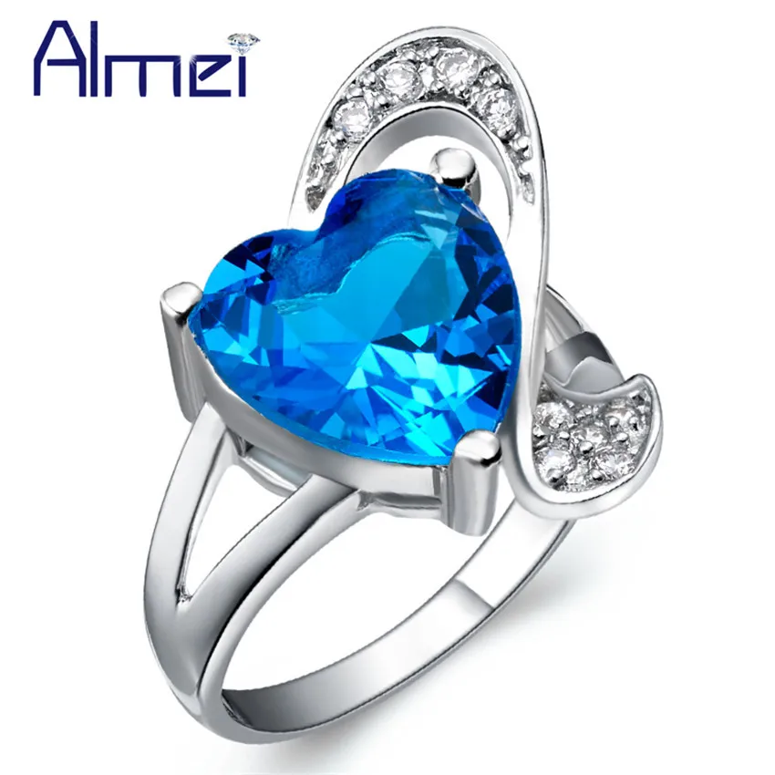 Женское кольцо в форме сердца Almei серебряное с синим камнем винтажное