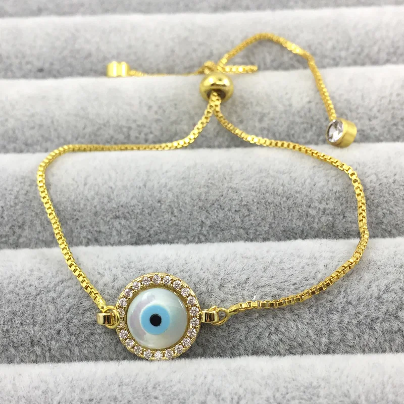 

Gold-color Round Shell Evil Eye Hamsa Fatima Hand Charms for Women Adjustable Bracelets CZ jewelry