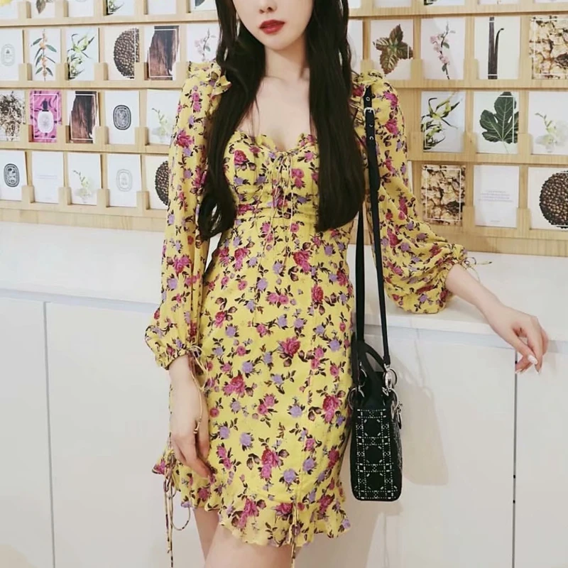 Summer dress 2020 boho yellow floral mini women beach vintage sexy ruffle chiffon party casual korean vestidos | Женская одежда