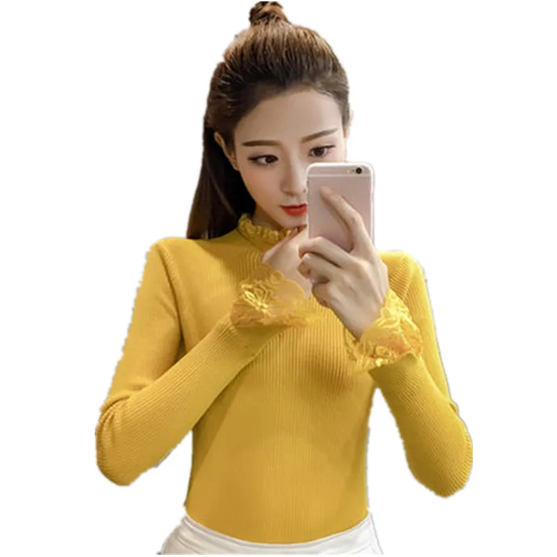 2018 autumn and winter new Korean version of the slim long-sleeved lotus leaf collar solid color lace bottoming sweater swe |