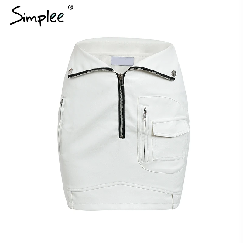 Simplee/Женская юбка из искусственной кожи с карманами на молнии белая облегающая