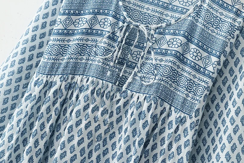 Женское платье с длинным рукавом синее/белое цветочным принтом на завязках для