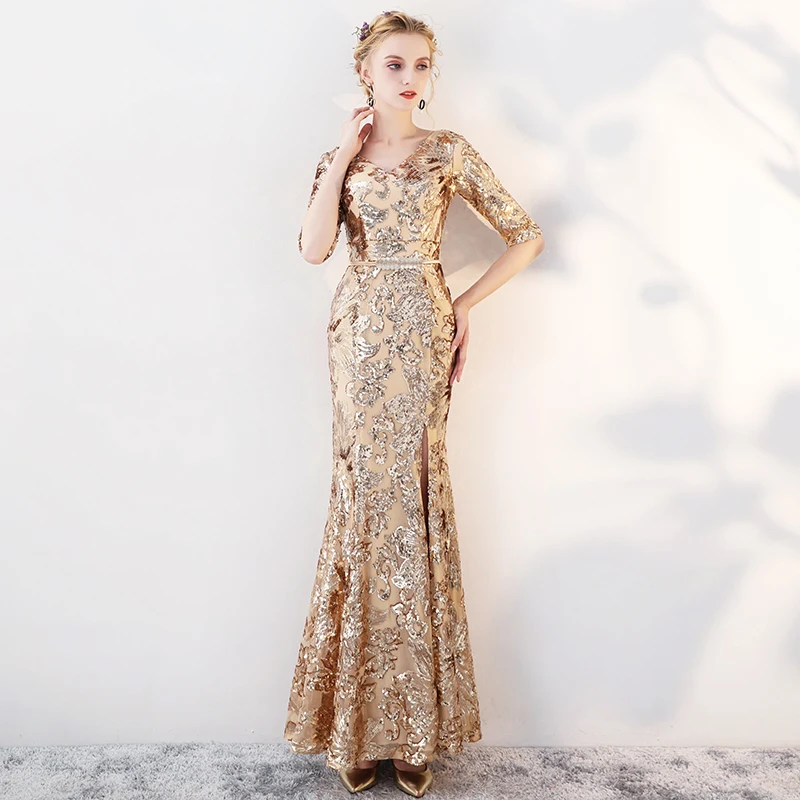 Роскошные золотые вечерние платья с пайетками халат De Soiree 2019 V шеи длинное Длина
