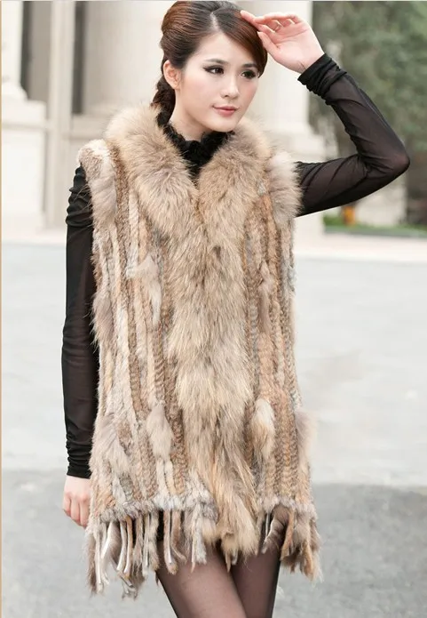 Women New Genuine Rabbit Fur Vest With Hood Fashion Raccoon Fur Collar Waistcoats Warm Natural Fur Long Gilet