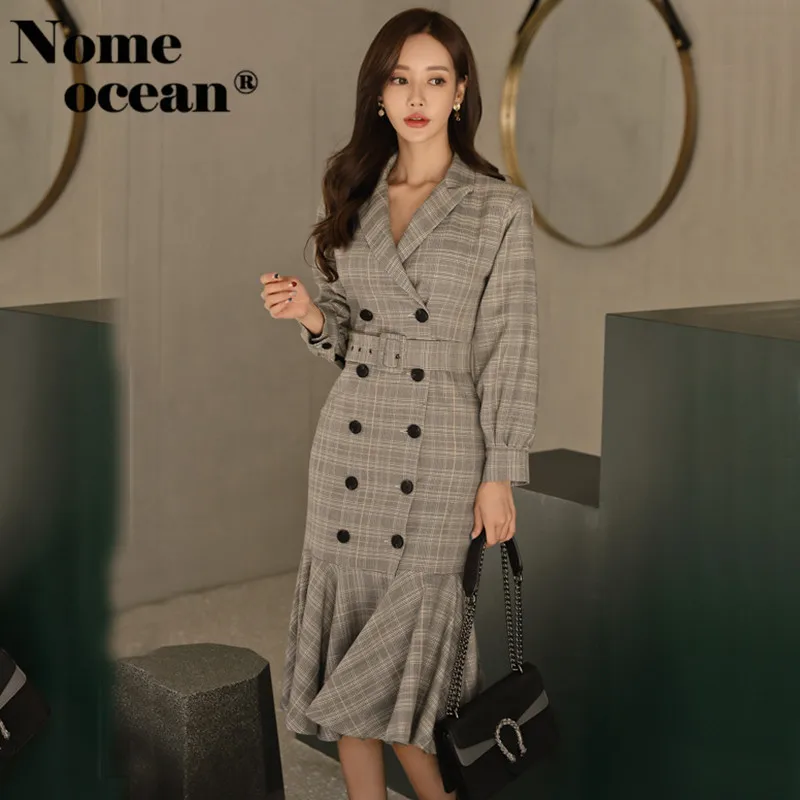 Women OL Slim Blazer Dress Female Notched Long Sleeve Plaid Business Double Breasted Belted Midi of Girl M19021709 | Женская одежда