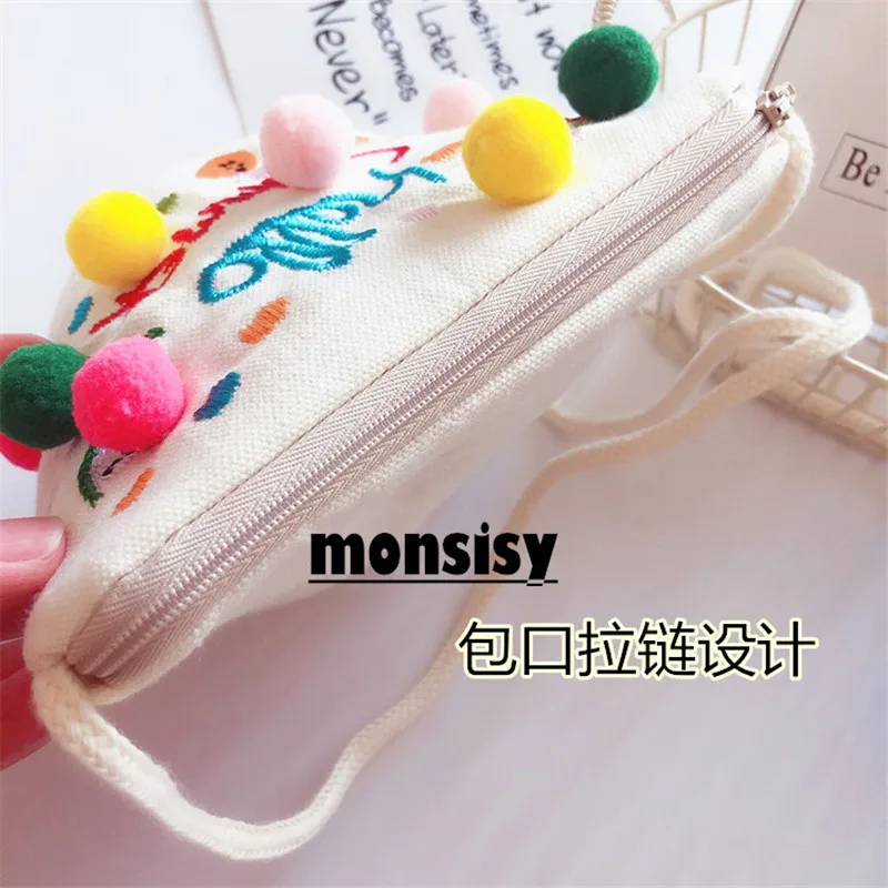 Monsisy/Детский кошелек с меховым помпоном сумка на плечо для девочек Kawaii тканевая