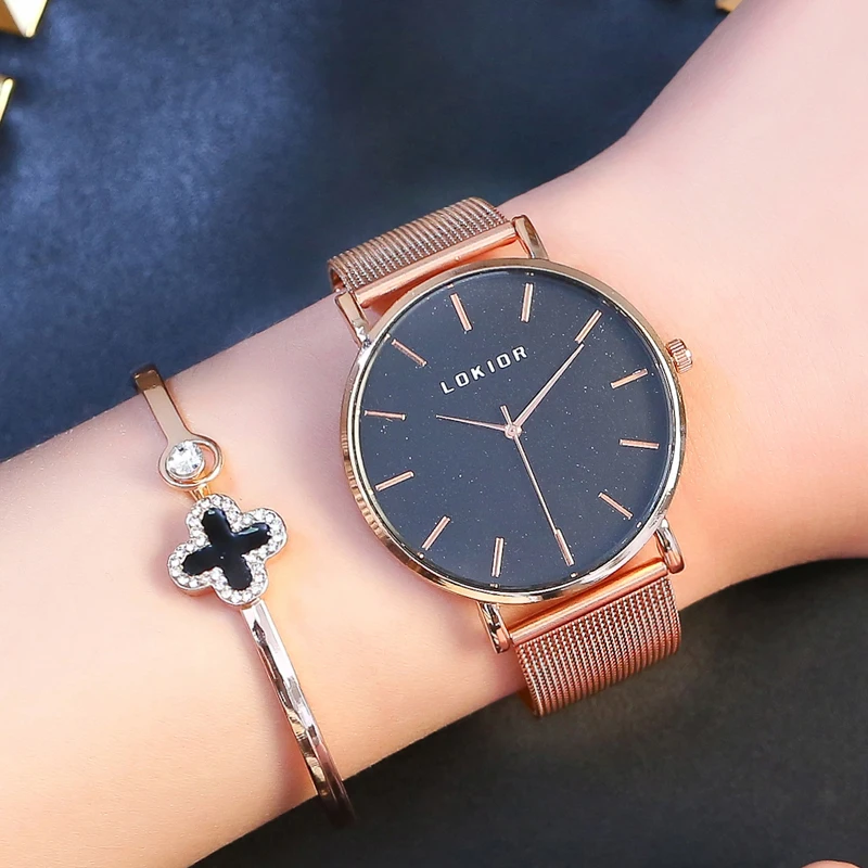 LOKIOR Элитный бренд для женщин часы Super Slim розовое золото сетки нержавеющая сталь