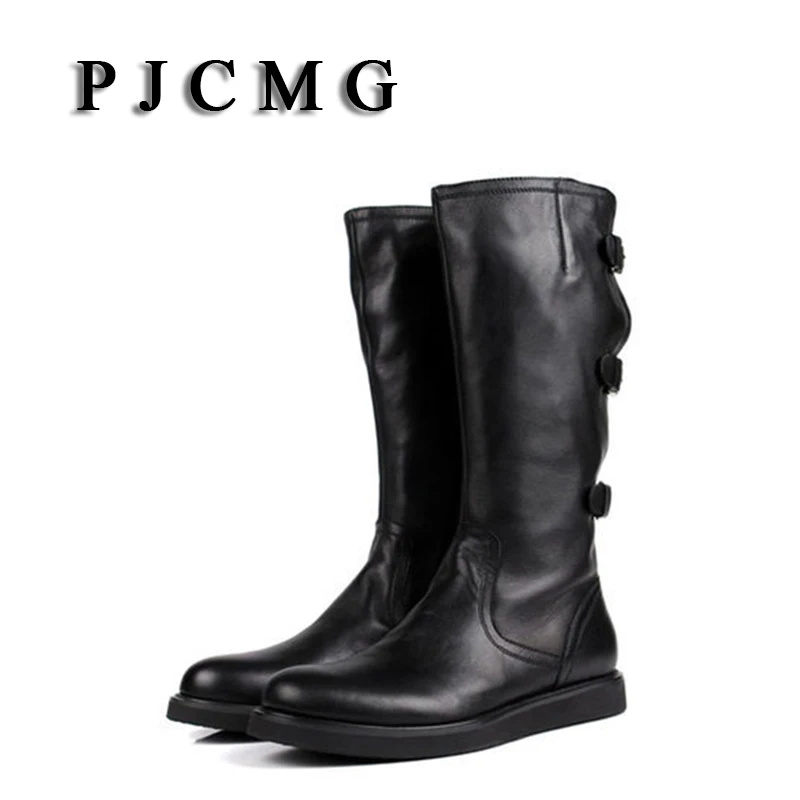 

PJCMG New High Quality Winter Vintage High Western Genuine Leather Boots Men Black Motorcycle Winter Boots For Men