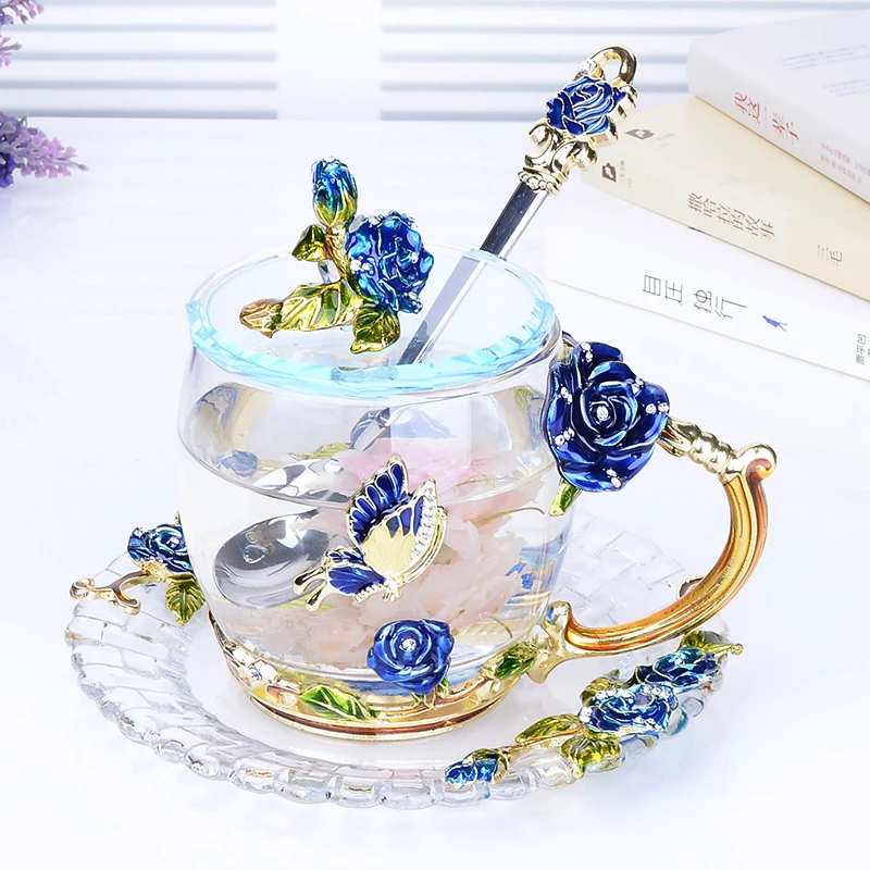 

Color Enamel Glass Coffee Mugs tea cups and mugs with Rose spoon beauty home office creative drinkware 330/350ML