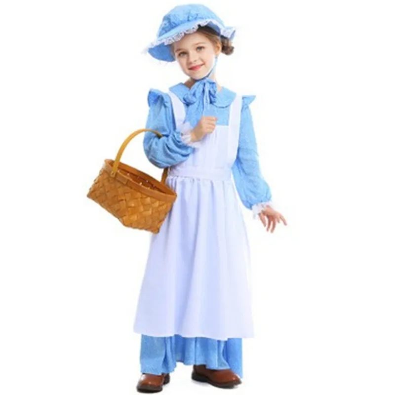 XS-XL Blue Medieval Girls Halloween Peasant Farmer woman Costumes kids Maid Cosplays Carnival Purim party Stage play dress | Тематическая