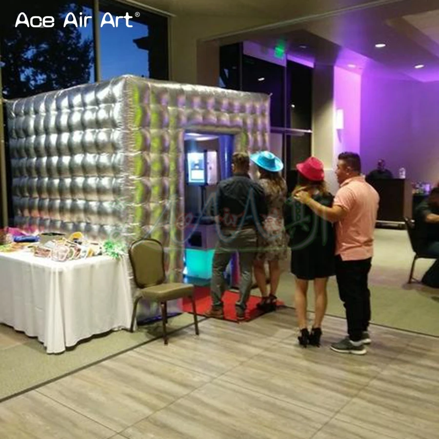 

Silver Exterior Cube Inflatable Social Booth Enclosure Photo Booth Canopy Backdrop with 2 Doors and Logo for Rental