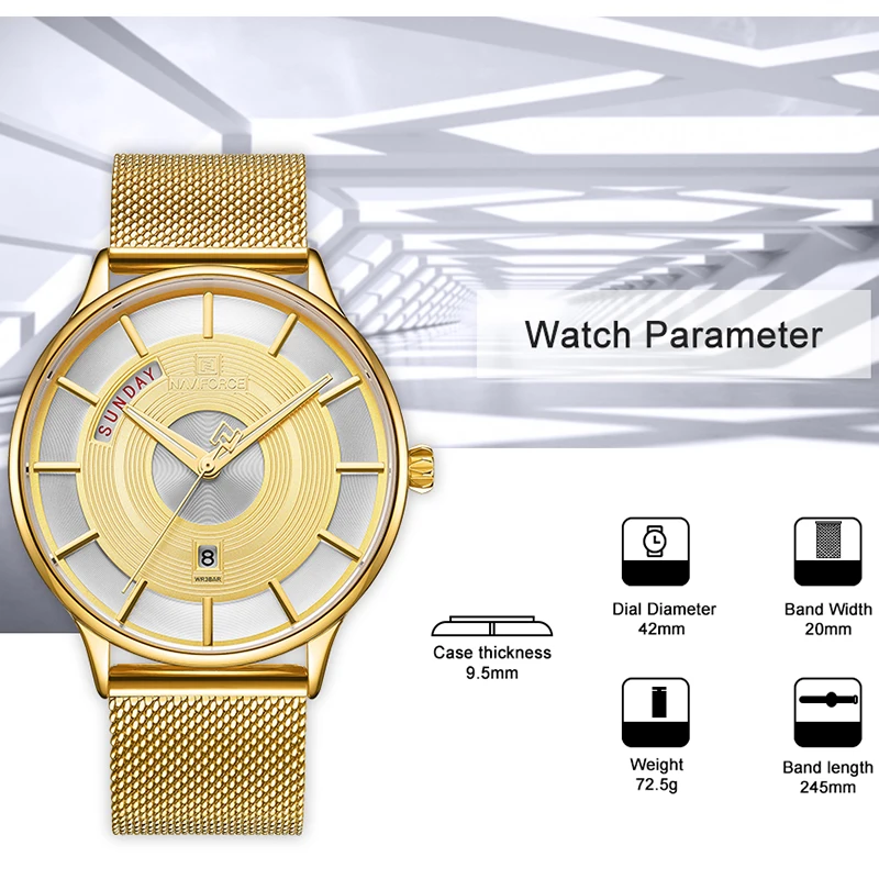 Часы наручные NAVIFORCE Мужские кварцевые золотые деловые повседневные Простые