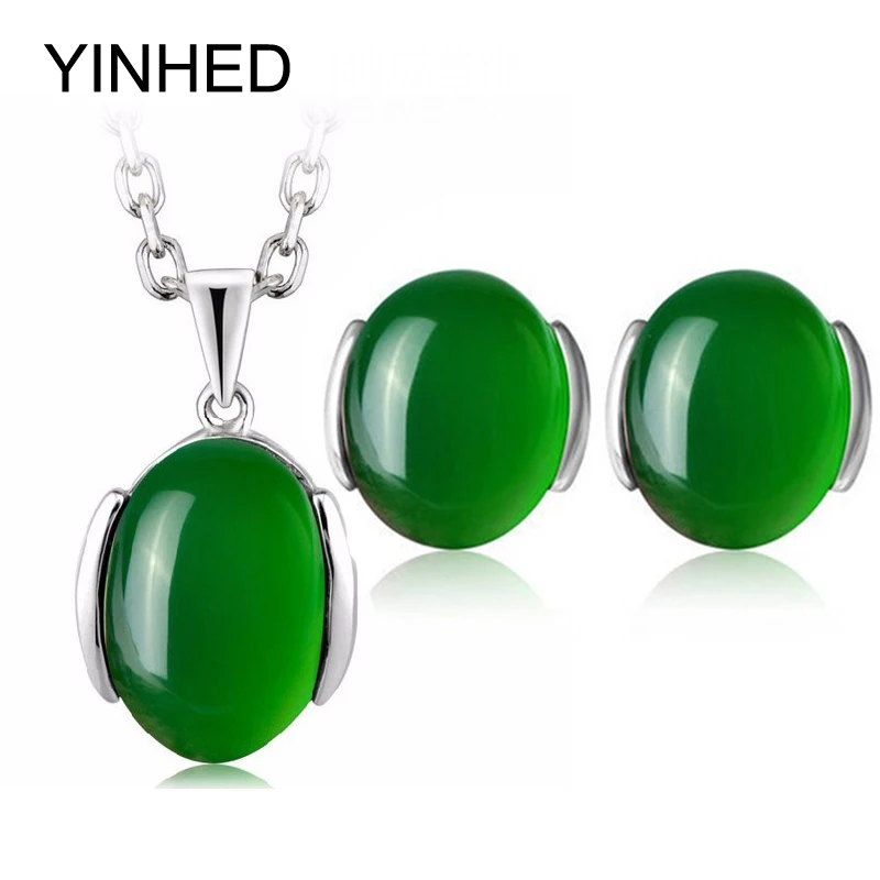

YINHED Luxury Natural Green Crystal Wedding Jewelry Sets 925 Sterling Silver Pendant Necklace and Stud Earring Jewelry Set ZS055