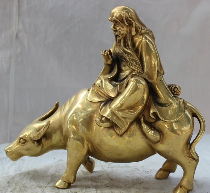song voge gem S4956 9&quot Chinese Brass Taoism Literati Philosopher Lao Zi Tzu Ride Bull Ox Statue | Дом и сад