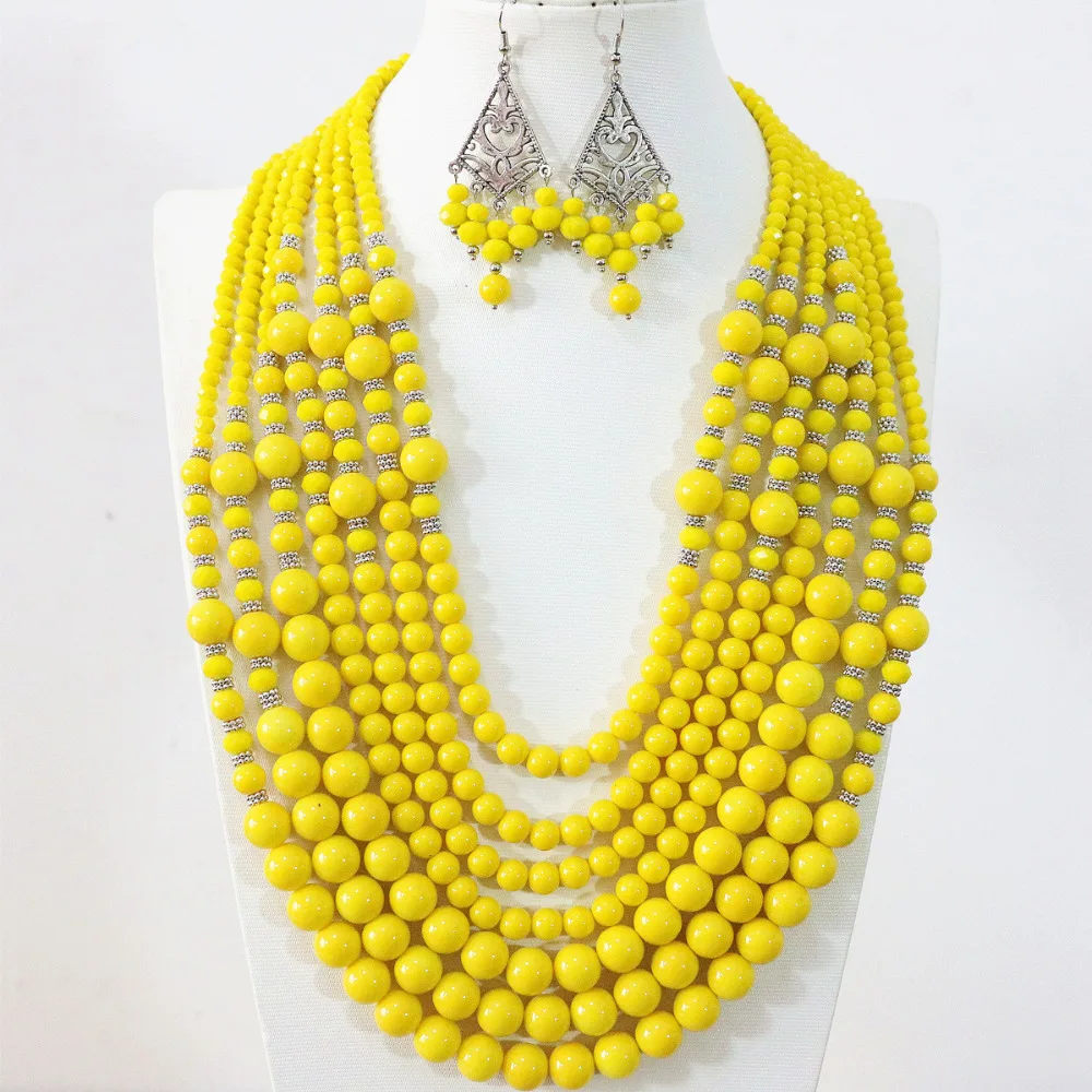 

Yellow lemon 7 rows necklace earrings round shell baking paint glass crystal ababcus beads handmade Charms jewelry set B1297