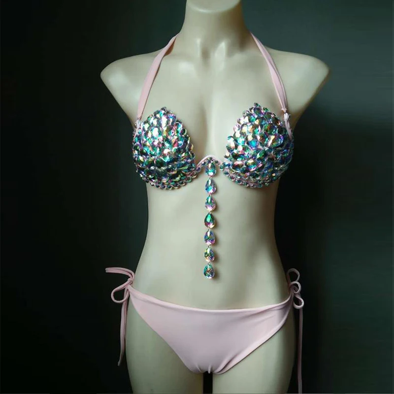 New Style Fashin Gold Silver Pink Green Sexy Bikini High Quality Shining Beading Halter Two 2 Piece Bodycon Beach Bodysuits