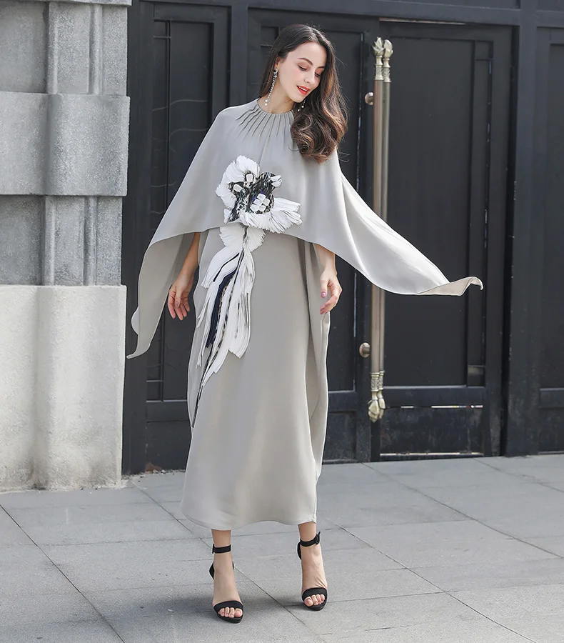 VOA серое платье с рукавами-плащами, китайское платье с 3D вышивкой, винтажное шелковое длинное платье с накидкой, женское свободное платье, имитация двух частей, A10125