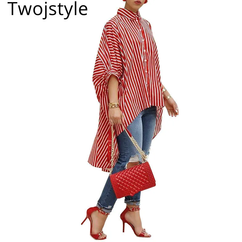 Twojstyle 2018 Autumn New Women's Batwing Sleeve Shirt Fashion Large Size Turn-down Collar Striped Red Loose Leisure S-L |