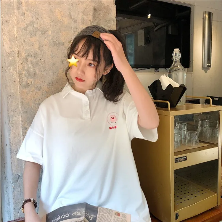Для женщин PoloShirt Хлопок мультфильм милый свинья вышивка короткий рукав тенниски летние женские свободные Повседневное элегантный дизайн топы YT5027