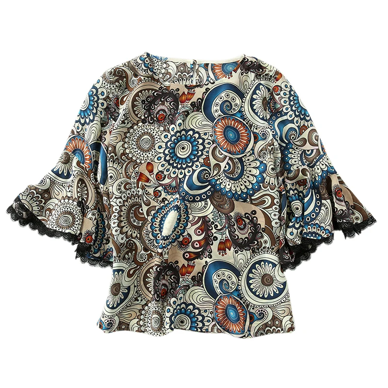 Женская павлин печати шелковая рубашка 2017 лето леди уникальный flare рукава
