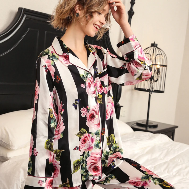 Real Silk Pajama Sets Female Romantic Rose Striped Silkworm Silk Long-Sleeve Two-Piece SILK Woman's Sleepwear T8184