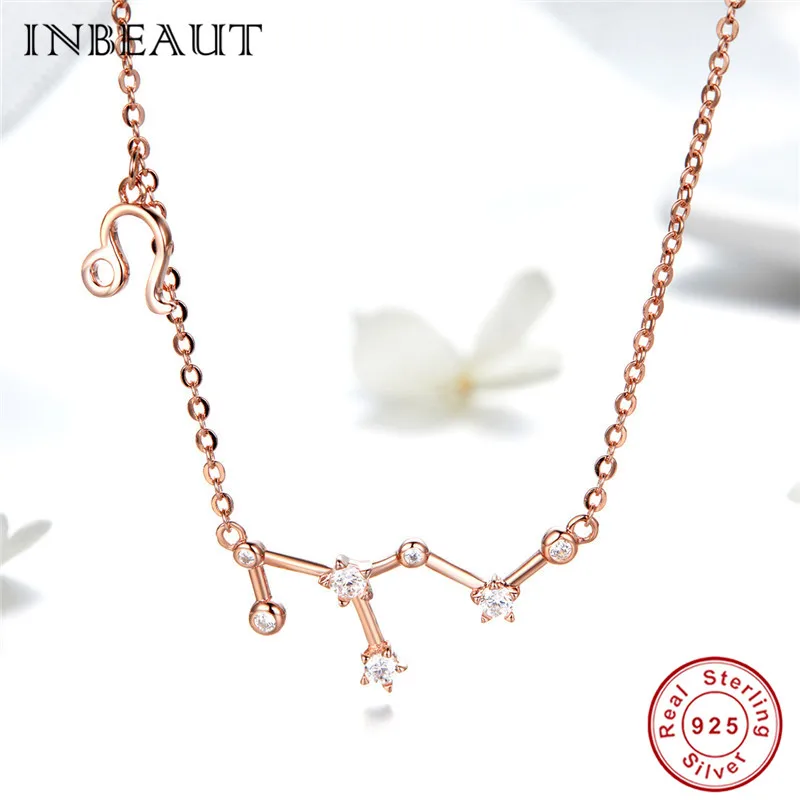 INBEAUT 925 пробы серебро розовое золото 12 созвездий весы Aries Циркон Стрелец с подвеской со знаком Рыб ожерелья для женщин - Окраска металла: snn021