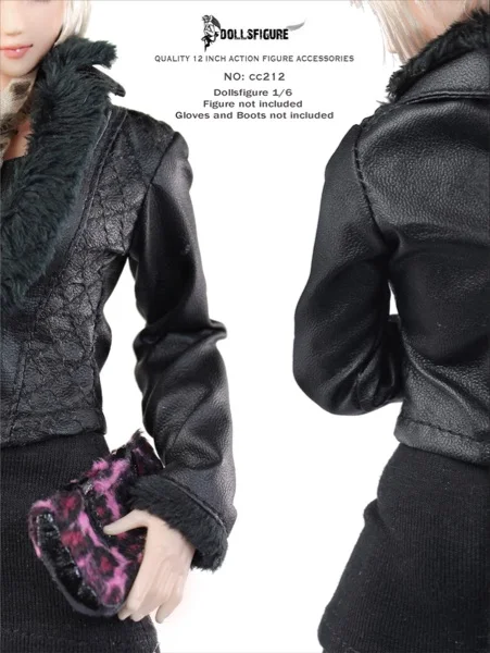 Модель женского Черного Плюшевого кожаного пальто в масштабе 1/6 модель платья