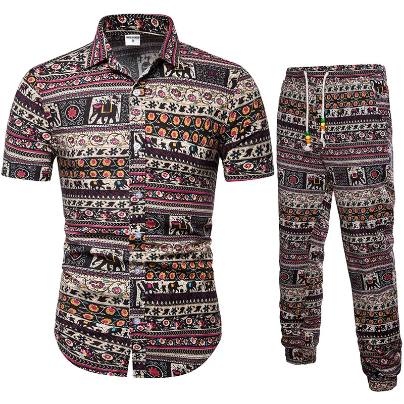 

Мужской комплект из 2 предметов, рубашка с коротким рукавом и цветочным принтом, облегающая Повседневная Блузка и брюки, лето 2019