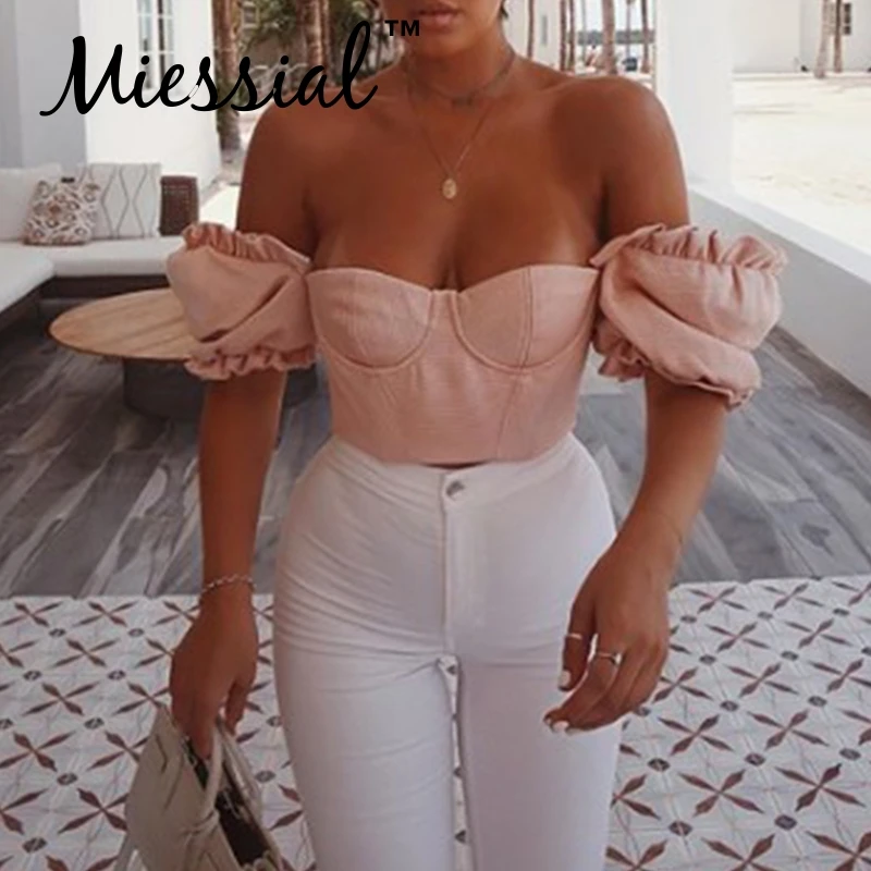 Женская блузка Miessial розовая с открытыми плечами Элегантная Футболка открытой