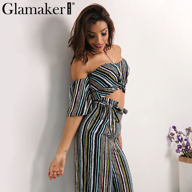 Женский комбинезон с открытыми плечами Glamaker Летний в полоску на шнуровке костюм