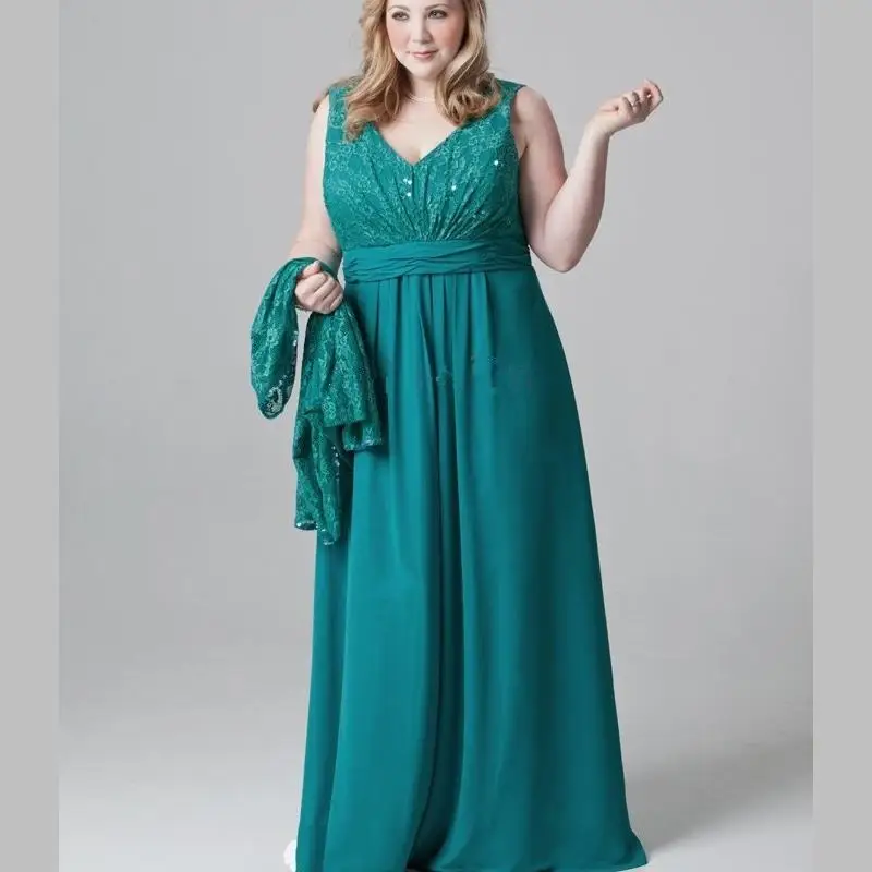 Plus Size Emerald Green Mother of the Bride Dresses Lace Chiffon Evening Party Gown for Mom with Jacket V Neck Floor Length | Свадьбы и