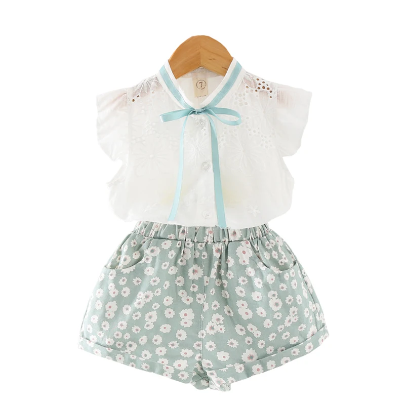 AmyaBaby 2018 летняя детская одежда Комплекты с шортами для девочек полые Блузка штаны