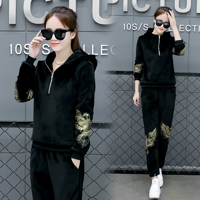 Женский спортивный костюм 2017 Модный комплект из 2 предметов Осень-зима вышивка