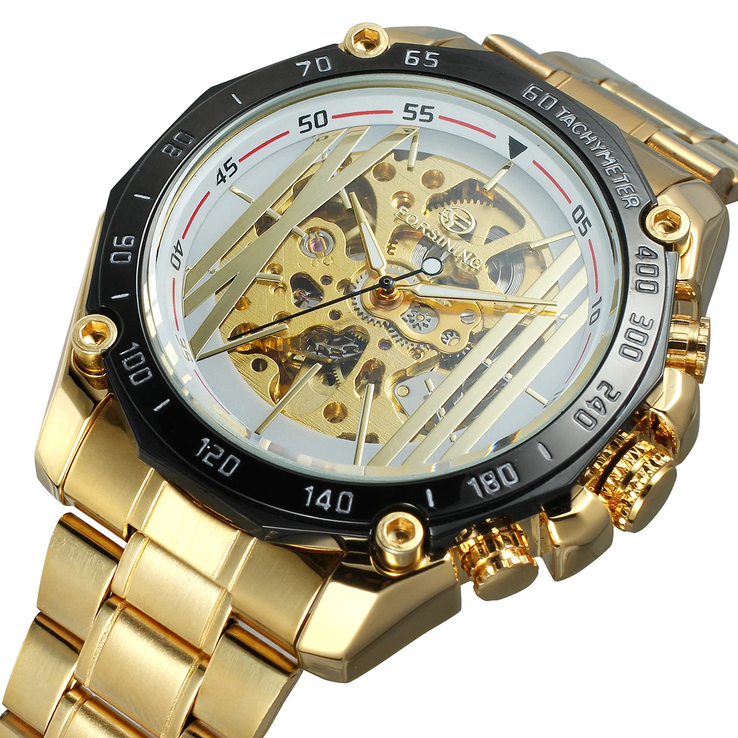 

Часы FORSINING, Роскошные, креативные, четыре угла, бриллианты, два цифровых циферблата, высококачественные, золотые и белые, мужские механическ...