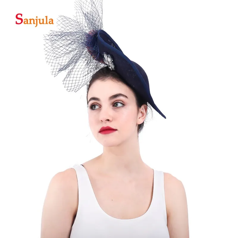 Navy Blue Women's Formal Party Headwear with Flowers Fashionable Fascinators Bridal Tulle Hats pamelas sombreros bodas H23|Свадебные