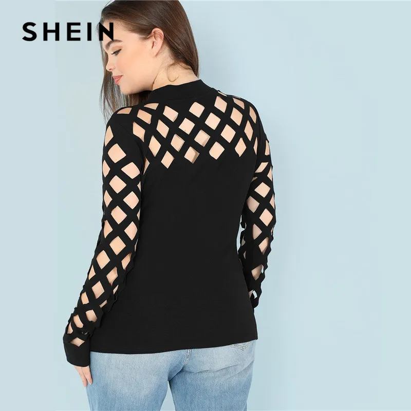 SHEIN Топ Размера Плюс С Вырезом Под Горло Женский Весенний Черный Элегантный Топ С Длинными Рукавами И Стоячим Воротником